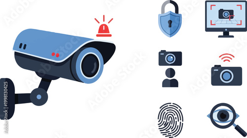 Security camera and surveillance icons set, flat vector illustrations for home protection and digital monitoring, biometric safety and privacy symbols