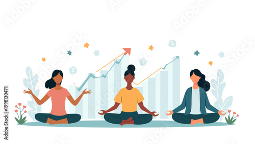 A peaceful illustration depicting a woman gently reaching for blooming tulips. Ideal for concepts like growth, well-being, and mindful living, or prom