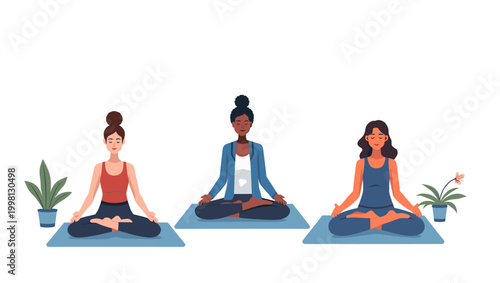 A calming illustration depicting a woman practicing yoga beside a potted plant. Ideal for wellness blogs, mindful lifestyle content, or health-focused