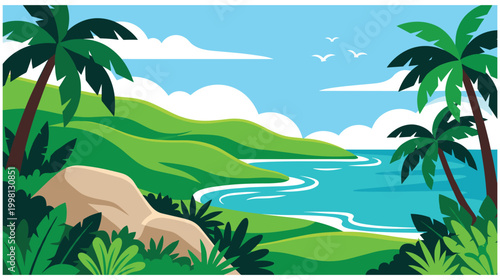 Lush green tropical island landscape with ocean and palm trees.