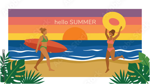 Young women enjoying summer vacation on tropical beach with surfboards in.