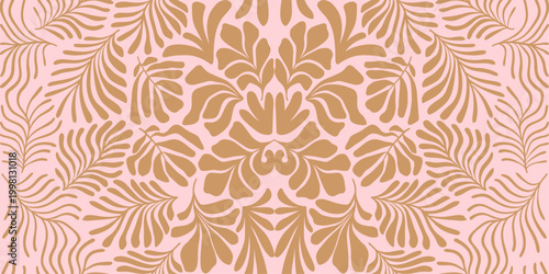 A sophisticated patterned illustration of stylized botanical elements in a seamless repeat, evoking a sense of calm and beauty.