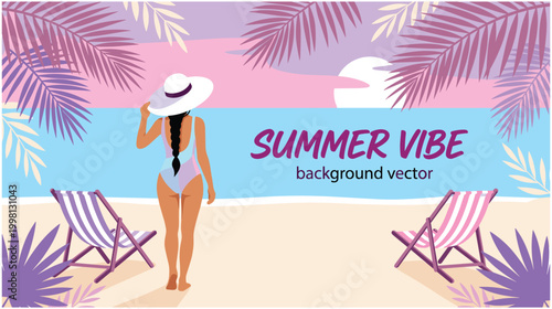 Woman wearing summer hat standing on beach looking at ocean sunset scenery.