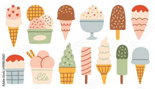 Vector collection of colorful ice cream in flat hand drawn style. Variety of gelato scoops, waffle cones, cups, and popsicles with sprinkles. Sweet summer dessert icons for shop or packaging