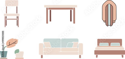 Minimalist furniture icon set, modern interior design elements in pastel colors, 6 home decor vector illustrations, cozy living room and bedroom furniture