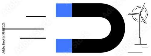 Renewable energy, physics concepts, clean energy sources, sustainability, wind power, efficiency. A magnet attracting motion toward a wind turbine. Renewable energy and physics concepts visually