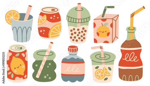 Collection of flat vector soft drinks including soda cans juice boxes and bubble tea. Colorful beverage set with straw and citrus fruit slices in cute hand drawn doodle style on white background