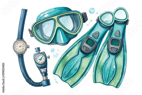 Hand-Painted Snorkel Mask Watercolor, Scuba Diving Equipment Vector, Isolated on White