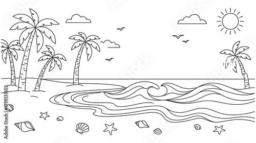 Summer beach landscape with palm trees sun and waves coloring page.
