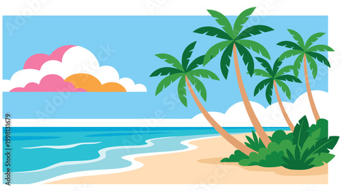 Tropical beach scenery with palm trees blue water and colorful clouds.