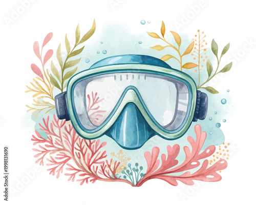 Hand-Painted Snorkel Mask Watercolor, Scuba Diving Equipment Vector, Isolated on White