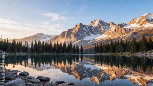 Mountain lake with forest and snow peaks