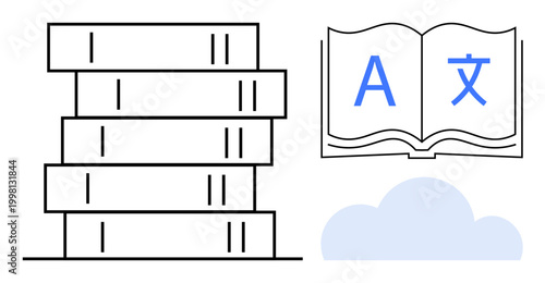 Education, translation, multilingual communication, knowledge sharing, learning resources, online education. Stack of books next to an open book with language icons. Education and translation concept