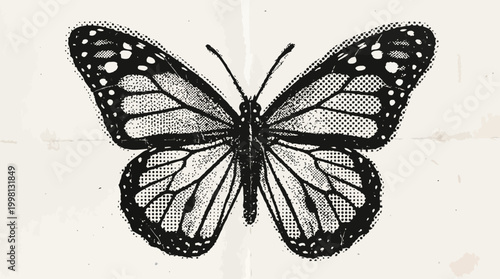 Butterfly illustration rendered with halftone stipple and dotted texture