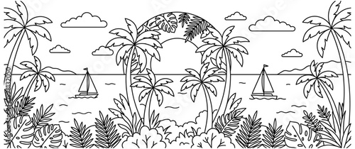 Tropical island outline with palm trees and sailboats on vast ocean horizon.