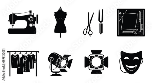 Flat vector icons of sewing tools clothing and theatrical props