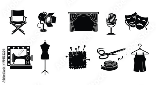 Flat vector icons of sewing tools clothing and theatrical props