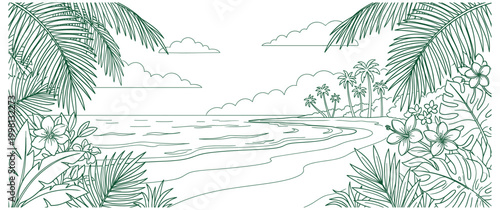 Lush tropical beach outline with exotic plants and distant island view.