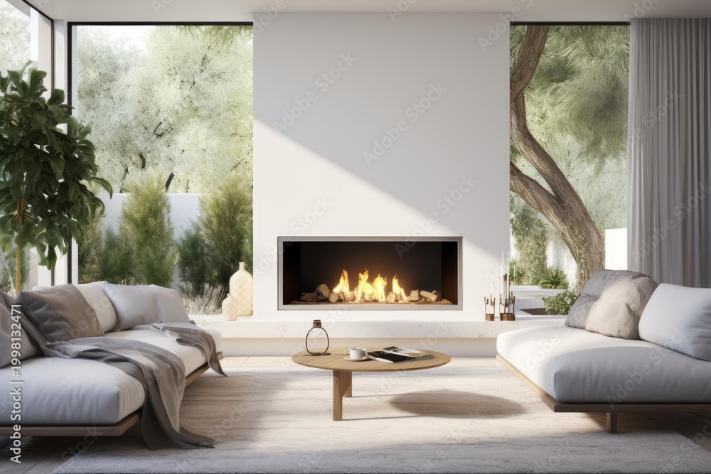 Obraz premium Living room featuring a contemporary fireplace, comfortable sofas, and large windows overlooking a green garden