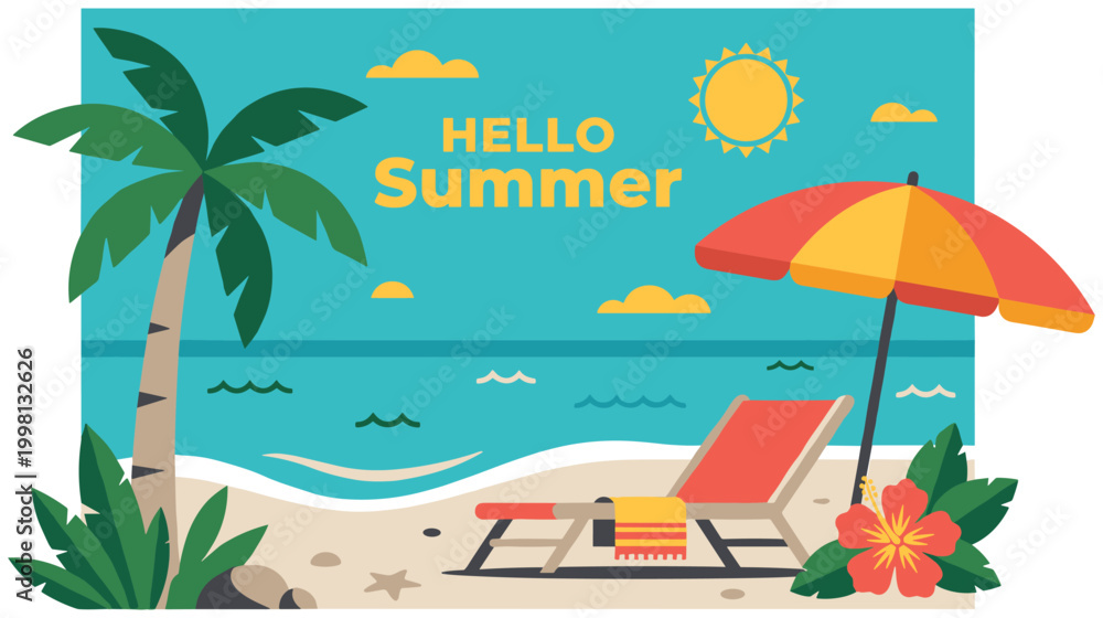 Obraz premium Colorful summer beach with lounge chair and palm tree.