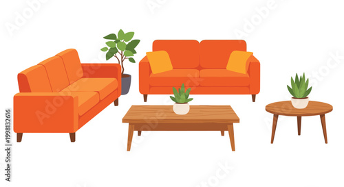 A living room set features two orange sofas a wooden coffee table a round side table and several potted plants for vibrant home interior design.