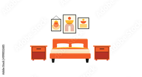 A bedroom interior features a bed two nightstands and three abstract geometric art pieces on the wall for modern home staging and design concepts.
