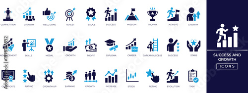 Success and Growth solid icon set. Containing financial, goal, medal, profit, progress, report, strategy, succeed, and success icons collection