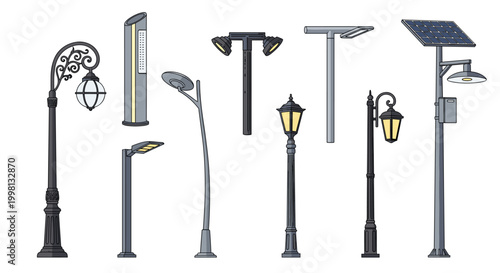 A collection of eight modern street lamps features various designs including solar powered options and ornate vintage styles for urban lighting solutions.
