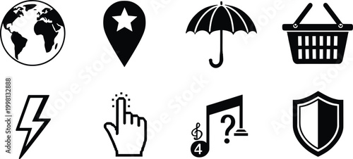 Modern universal icons set featuring globe, location pin, umbrella, shopping basket, lightning, touch gesture, music note, security shield symbols