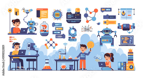 A cheerful illustration of a young boy focused on his laptop, creating a positive and engaging mood for education, online learning, or remote work con