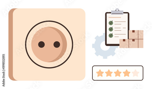 Quality control, logistics, customer satisfaction, power supply, performance review, system optimization. Electrical outlet, checklist cogwheel and star rating. Quality control and logistics