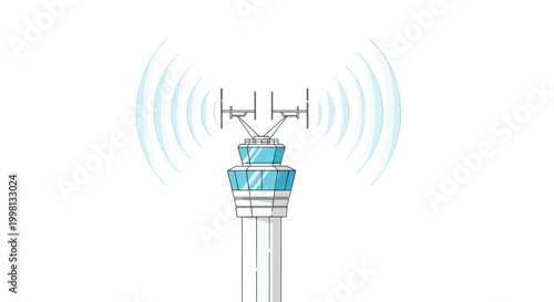 A sleek control tower emits vibrant blue concentric radio waves from dual antennas mounted on its roof to indicate active signal transmission operations.