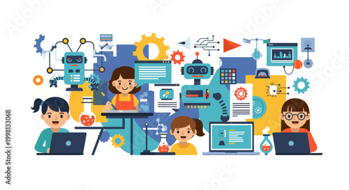 A cheerful young girl engrossed in her laptop, radiating positivity and concentration. Ideal for illustrating learning, technology adoption, or digita