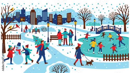 Winter city park scene with people ice skating and building snowman outdoor illustration.
