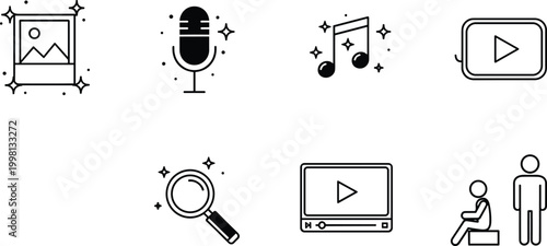 Multimedia and content creation icons set featuring image, microphone, music notes, video player, search, media playback, audience symbols