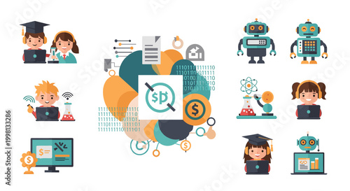 A cheerful cartoon depicts online banking and financial transactions, conveying a sense of ease and security. Ideal for fintech marketing and website 