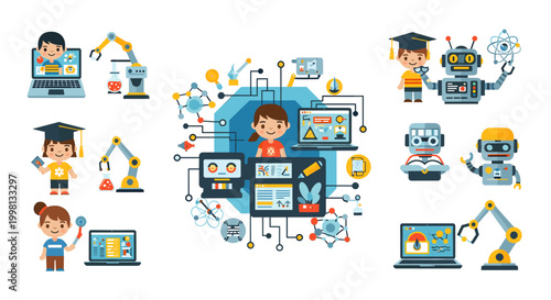 Cheerful illustration depicting a young woman instructing with a tablet, promoting education, digital learning, and accessible knowledge. Perfect for 