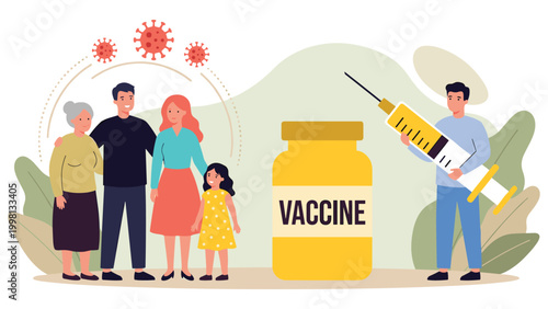 Medical vaccination concept with doctor holding giant syringe protecting family health.