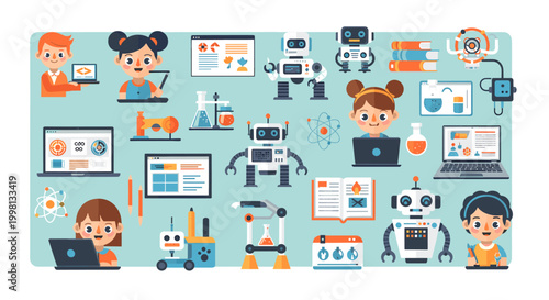 A cheerful scientist studies data on a laptop, radiating curiosity and innovation. Perfect for tech, education, or science-related marketing.