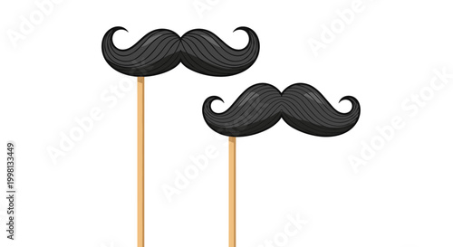 Pair of black curly mustaches on thin wooden sticks to be used as photo booth props for parties and other celebratory events.