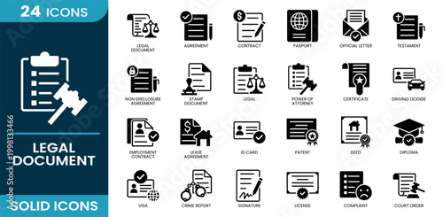 Legal document icon set. Contract, documentation, certificate, agreement, legal, passport, license, official letter, ID card. Solid vector icons.