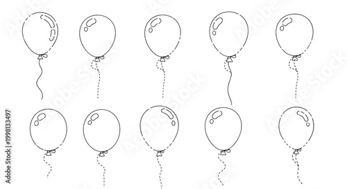 Set of ten outline balloons with dashed strings in simple black and white vector style for coloring or design projects.