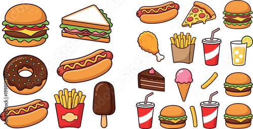 Canvastavla Fast Food Icon Set Featuring Burgers, Pizza, Fries, Donuts, Ice Cream, and Drink