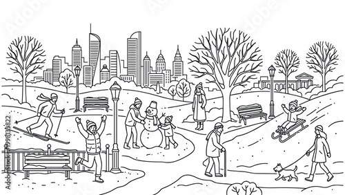 People enjoying winter activities in city park snow day illustration with skyline background.