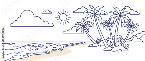 Minimalist beach line art with sun and palm trees on tropical sandy coast.