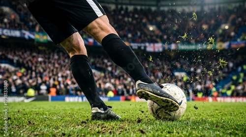 Low angle action shot capturing the dynamic movement of a soccer player's legs dribbling and striking the ball on the field during an intense game.
