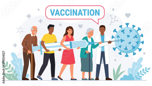 Coronavirus vaccination vector concept with diverse group of people getting vaccine.