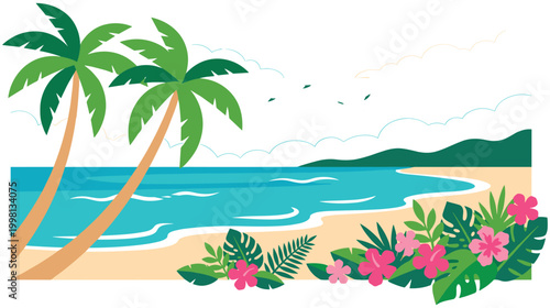 Colorful tropical beach landscape with palm trees and exotic flower garden.
