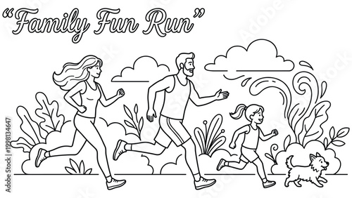 Family fun run active parents and child jogging outdoors with dog in park healthy lifestyle.
