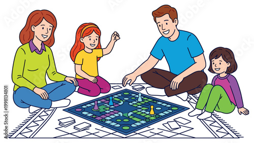 Family playing board game together on rug in living room having fun leisure activity.